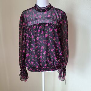 Express Blouse Medium Women Ditzy Floral Lined Frilled Neck Ruffle Wrist 90s Y2k